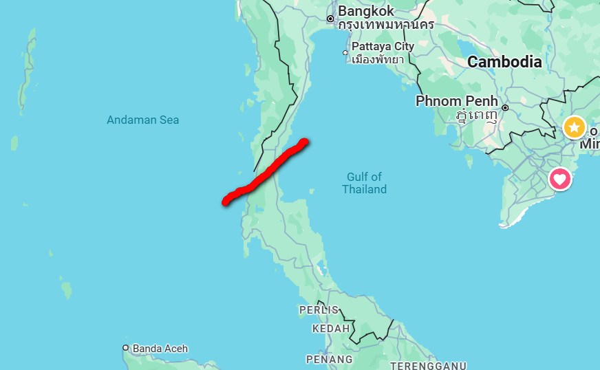 Thái Lan đang muốn xây dựng hệ thống giao thông lớn kết nối biển Đông với Ấn Độ Dương. Ảnh: Google Map